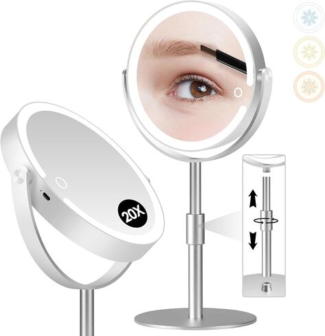 20X Magnifying Mirror with Light, Height Adjustable 2000mAh Makeup Mirror with Light, 3 Color Lights for Tabletop/Travel. Detachable Travel Makeup Mirror, Vanity Mirror for Bathroom, Silver in Saudi Arabia