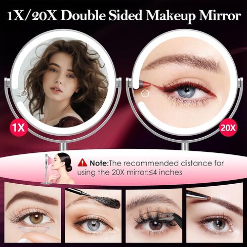 20X Magnifying Mirror with Light, Height Adjustable 2000mAh Makeup Mirror with Light, 3 Color Lights for Tabletop/Travel. Detachable Travel Makeup Mirror, Vanity Mirror for Bathroom, Silver in Saudi Arabia