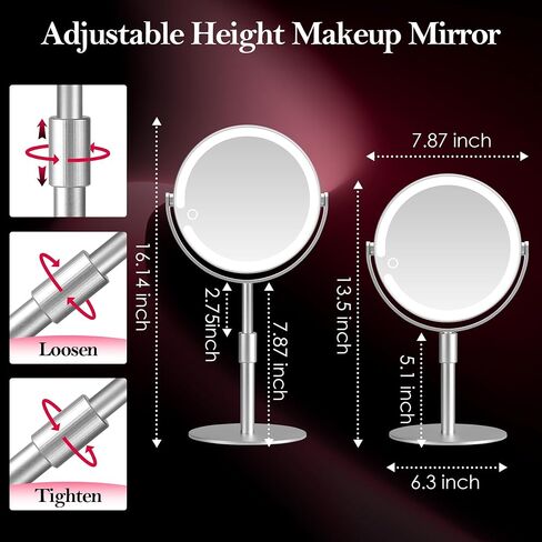 20X Magnifying Mirror with Light, Height Adjustable 2000mAh Makeup Mirror with Light, 3 Color Lights for Tabletop/Travel. Detachable Travel Makeup Mirror, Vanity Mirror for Bathroom, Silver in Saudi Arabia