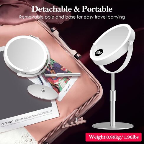 20X Magnifying Mirror with Light, Height Adjustable 2000mAh Makeup Mirror with Light, 3 Color Lights for Tabletop/Travel. Detachable Travel Makeup Mirror, Vanity Mirror for Bathroom, Silver in Saudi Arabia