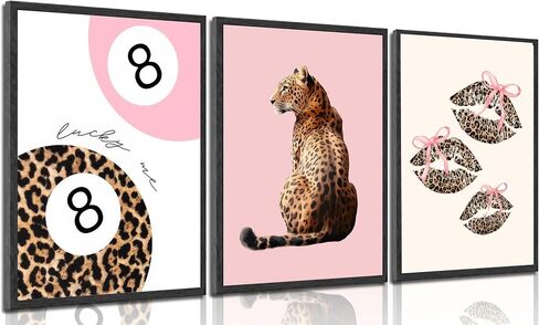 Yufxstzv 3pcs Pink Cheetah Wall Art Leopard Bow Print Fashion Lucky 8 ملصق كرة ملصق Lips Lips Canvas Decor in Saudi Arabia