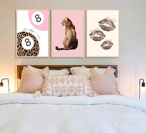 Yufxstzv 3pcs Pink Cheetah Wall Art Leopard Bow Print Fashion Lucky 8 ملصق كرة ملصق Lips Lips Canvas Decor in Saudi Arabia