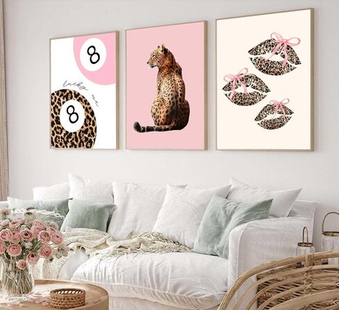 Yufxstzv 3pcs Pink Cheetah Wall Art Leopard Bow Print Fashion Lucky 8 ملصق كرة ملصق Lips Lips Canvas Decor in Saudi Arabia
