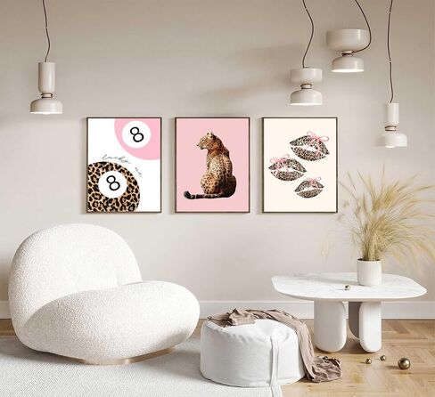 Yufxstzv 3pcs Pink Cheetah Wall Art Leopard Bow Print Fashion Lucky 8 ملصق كرة ملصق Lips Lips Canvas Decor in Saudi Arabia