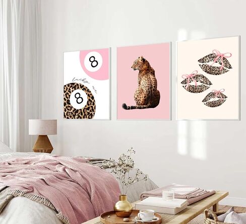 Yufxstzv 3pcs Pink Cheetah Wall Art Leopard Bow Print Fashion Lucky 8 ملصق كرة ملصق Lips Lips Canvas Decor in Saudi Arabia