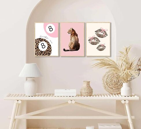 Yufxstzv 3pcs Pink Cheetah Wall Art Leopard Bow Print Fashion Lucky 8 ملصق كرة ملصق Lips Lips Canvas Decor in Saudi Arabia