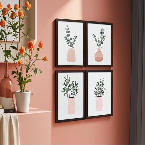 Art3dwallpanels Botanical Wall Art, Set of 4 Green Plants Wood Picture Frames Wall Decor Prints, Aesthetic Watercolor Botanical Poster for Bedroom Laundry Room Art Wall Hanging, Black Frame 8'' x 10'' in Kuwait