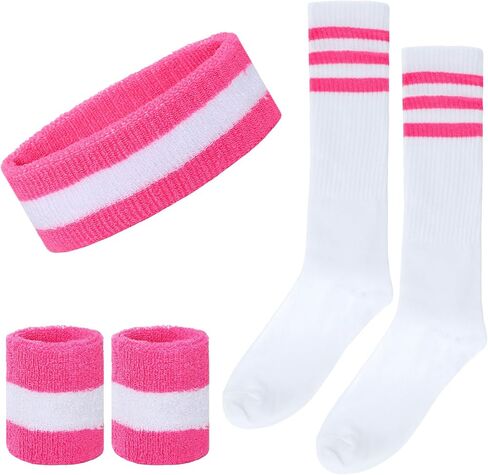 5 Pieces Striped Sweatbands Sock Set Sports Headband High Tube Socks and Wristbands for Women Men Sports 80s Party 80s Accessories Costumes in Kuwait