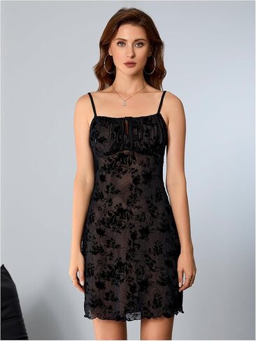 Milumia Women's Floral Mesh Cami Dress Tie Bront Ruched Bust Bust Strings Strings Short in Saudi Arabia