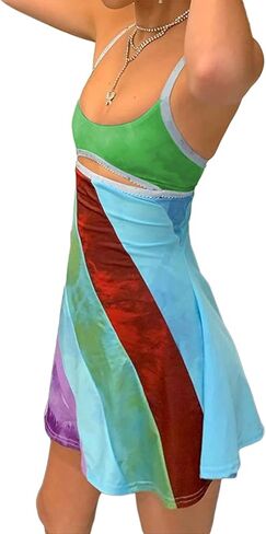 Aopwsrlyi Women's Spaghetti Strap Mini Dress Sexy Sleeveless Backless Colorful Print Summer Going Out Club Party Dress in Kuwait