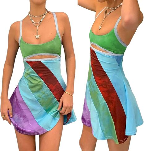 Aopwsrlyi Women's Spaghetti Strap Mini Dress Sexy Sleeveless Backless Colorful Print Summer Going Out Club Party Dress in Kuwait
