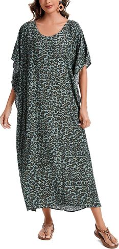 Beautybatik Boho Animal Stripe Print Plus Size Women Kimono Kaftan Maxi Long Sleeve Beach Cover Up Loungewear Dress XL to 4X in Kuwait
