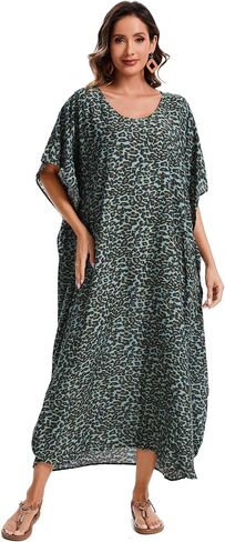 Beautybatik Boho Animal Stripe Print Plus Size Women Kimono Kaftan Maxi Long Sleeve Beach Cover Up Loungewear Dress XL to 4X in Kuwait