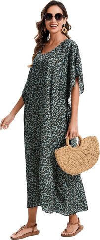 Beautybatik Boho Animal Stripe Print Plus Size Women Kimono Kaftan Maxi Long Sleeve Beach Cover Up Loungewear Dress XL to 4X in Kuwait
