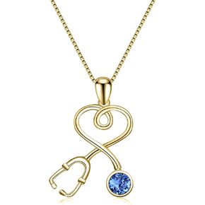 Nurse Gifts for Women 925 Sterling Silver 14K Gold Plated Stethoscope Pendant Necklace with Birthstone Crystal from Austria, Doctor Necklace Jewelry Gifts for RN Medical Students White Coat Ceremony in Kuwait