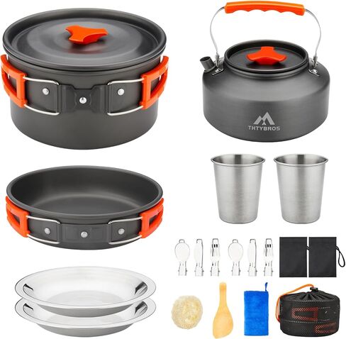 15pcs Camping Cookware Kit,Camping Cookware Mess Kit with 3500W Stove,Pot,Pan,Kettle Set with Stainless Steel Cup,Forks Knives Spoons for Hiking,Camping,Outdoor Cooking and Picnic in Kuwait