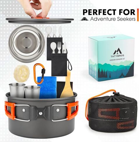15pcs Camping Cookware Kit,Camping Cookware Mess Kit with 3500W Stove,Pot,Pan,Kettle Set with Stainless Steel Cup,Forks Knives Spoons for Hiking,Camping,Outdoor Cooking and Picnic in Kuwait