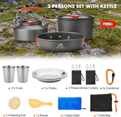 15pcs Camping Cookware Kit,Camping Cookware Mess Kit with 3500W Stove,Pot,Pan,Kettle Set with Stainless Steel Cup,Forks Knives Spoons for Hiking,Camping,Outdoor Cooking and Picnic in Kuwait