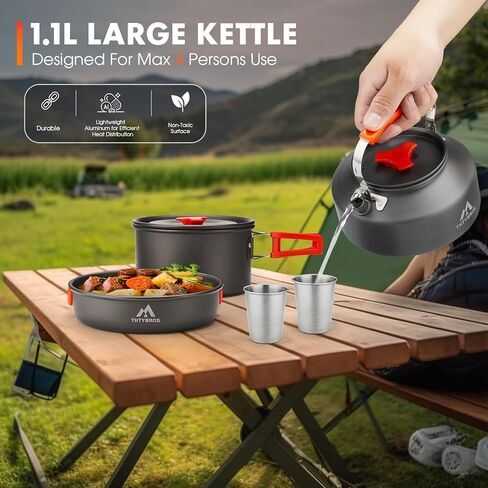 15pcs Camping Cookware Kit,Camping Cookware Mess Kit with 3500W Stove,Pot,Pan,Kettle Set with Stainless Steel Cup,Forks Knives Spoons for Hiking,Camping,Outdoor Cooking and Picnic in Kuwait