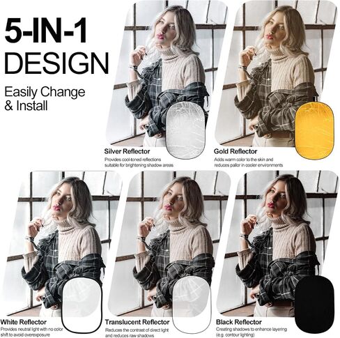 EMART 24'' x 36''(60 x 90cm) 5 in 1 Photo Collapsible Photography Reflector with Bag, Large Oval Portable Panel for Studio Video, Portraint, Outdoor Shooting -Translucent, White, Silver, Gold, Black in Saudi Arabia