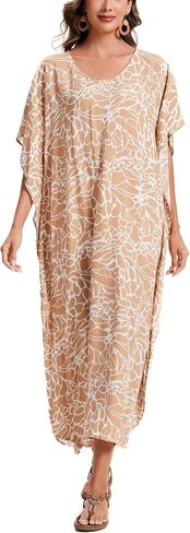 Beautybatik Boho Animal Stripe Print Plus Size Women Kimono Kaftan Maxi Long Sleeve Beach Cover Up Loungewear Dress XL to 4X in Kuwait
