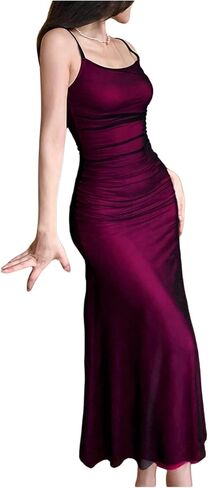 GORGLITTER Women's Sexy Ruched Mesh Sheer Cami Dress Sleeveless Flared Midi Dresses in Kuwait