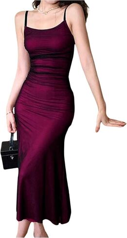 GORGLITTER Women's Sexy Ruched Mesh Sheer Cami Dress Sleeveless Flared Midi Dresses in Kuwait