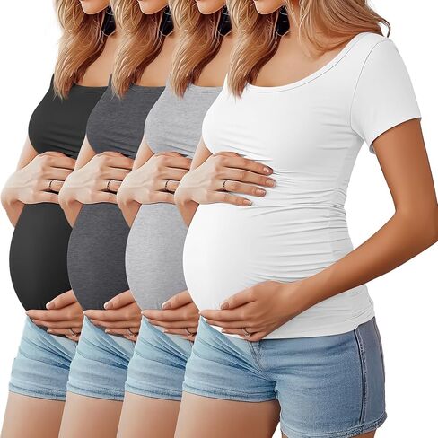 Huukaey 4 حزمة قمصان الأمومة النسائية سكوب الرقبة أعلى الأكمام قصيرة الأكمام غير الرسمية Tee Tee Side Ruched Resparnancy in Saudi Arabia