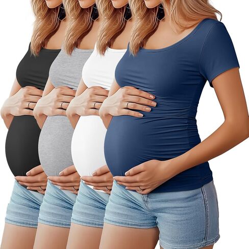 Huukeay 4 Pack Women's Maternity Shirts Scoop Neck Maternity Top Short Sleeve Casual Tee Side Ruched Pregnancy Clothes in Saudi Arabia
