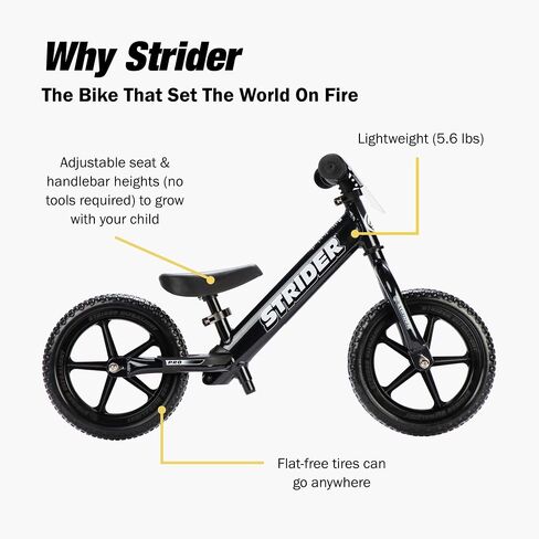 Strider 12" Pro Bike - No Pedal Balance Bicycle for Kids 1 to 4 Years - Includes Safety Pad, Padded Seat, Mini Grips & Flat-Free Tires - Tool Free in Kuwait