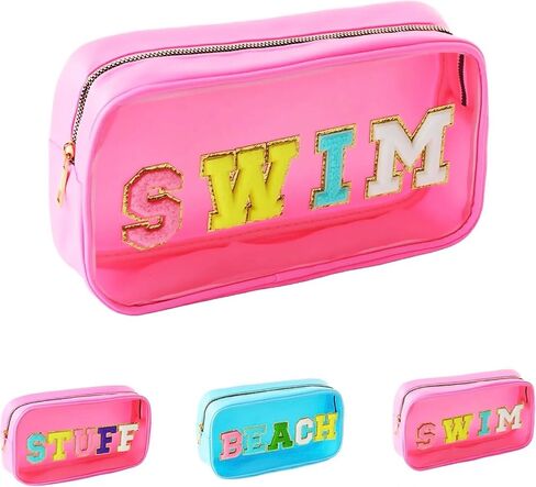 Swim Chenille Letter Makeup Bag,Waterproof Cute Women Clear Cosmetic Bags Sunscreen Organizer for Beach Pool Swimming Team Swimmers,Travel Toiletry SPF Zipper Pouches for Teen Girls (PINK-SWIM) in Kuwait