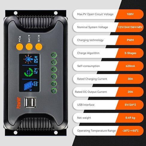 30A Solar Charge Controller 12V 24V 36V 48V Auto, Solar Controller/ Regulator Parameter Adjustable w/ LCD Display USB Port Work with Sealed, LiFePO4, Gel, Flooded and Lithium Battery in Kuwait