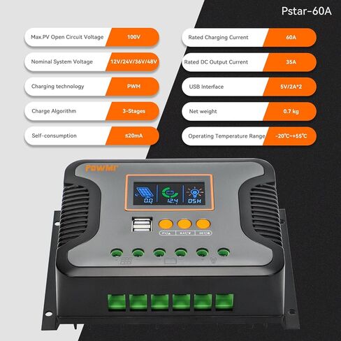 30A Solar Charge Controller 12V 24V 36V 48V Auto, Solar Controller/ Regulator Parameter Adjustable w/ LCD Display USB Port Work with Sealed, LiFePO4, Gel, Flooded and Lithium Battery in Kuwait