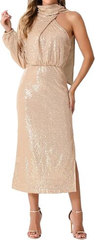 Allegra K Women's Sequin Long Sleeve Sparkly Cocktail Party One Shoulder Maxi Dresses in Saudi Arabia