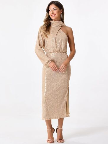Allegra K Women's Sequin Long Sleeve Sparkly Cocktail Party One Shoulder Maxi Dresses in Saudi Arabia