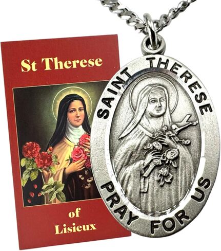 Westmon Works St Therese Pewter مجموعة الميدالية المعدنية الإيطالية على سلسلة من الفولاذ المقاوم للصدأ مع بطاقة مقدسة معبأة in Saudi Arabia