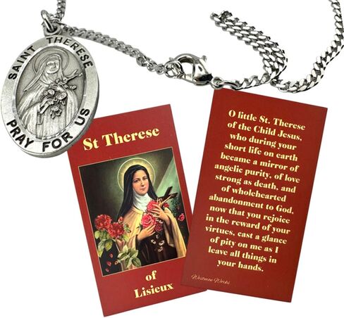 Westmon Works St Therese Pewter مجموعة الميدالية المعدنية الإيطالية على سلسلة من الفولاذ المقاوم للصدأ مع بطاقة مقدسة معبأة in Saudi Arabia