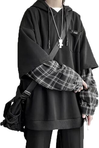 Y2K Goth Patchwork Hoodie Fake Two Pieces Unisex Grunge Emo Hoodie Vintage Oversized Pullover in Kuwait