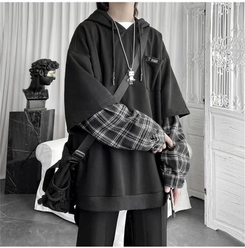 Y2K Goth Patchwork Hoodie Fake Two Pieces Unisex Grunge Emo Hoodie Vintage Oversized Pullover in Kuwait