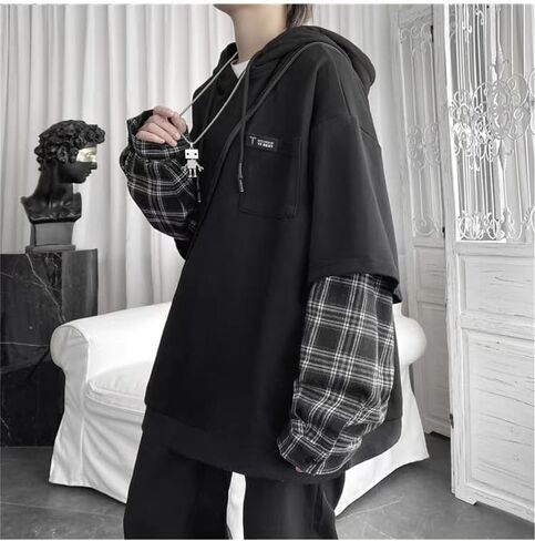 Y2K Goth Patchwork Hoodie Fake Two Pieces Unisex Grunge Emo Hoodie Vintage Oversized Pullover in Kuwait