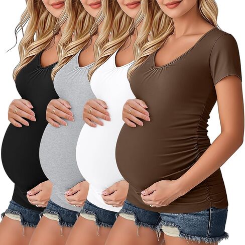 Ficerd 4 Pack Womens Maternity T-Shirts, V Neck Cotton Pregnancy Clothes Casual Short Sleeve Side Ruched Pregnant Shirts in Kuwait