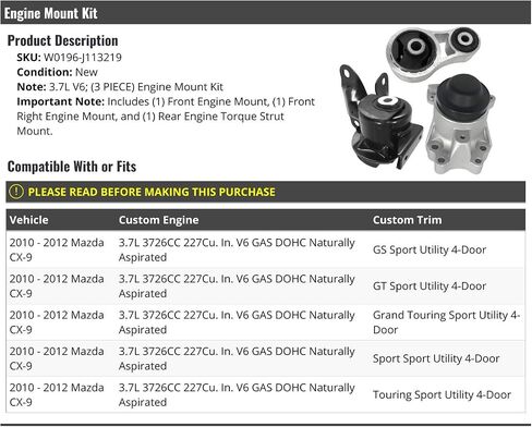 Engine Motor Mount and Torque Strut Kit - Compatible with 2010-2012 Mazda CX9 in Saudi Arabia