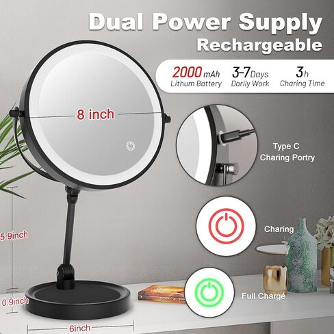 9" Large Height Adjustable Makeup Mirror With Magnification 10X/1X, 4000mAh Rechargeable Led Magnifying Vanity Mirror with Lights, Folding Boom & 360°Swivel 2-Sided Travel Cosmetic Mirror - Chrome in Saudi Arabia