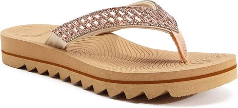 KuaiLu Womens Orthotic Flip Flops with Arch Support Yoga Mat Cushion Fashion Rhinestone Sandals Summer Walking Beach Travel Thong Slides Comfy Plantar Fasciitis Outdoor Sandle White Khaki Size 8 in Saudi Arabia