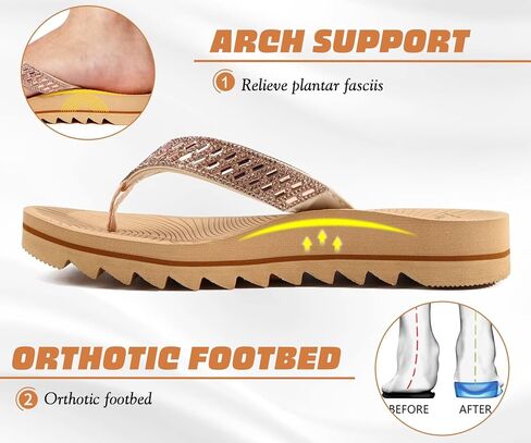 KuaiLu Womens Orthotic Flip Flops with Arch Support Yoga Mat Cushion Fashion Rhinestone Sandals Summer Walking Beach Travel Thong Slides Comfy Plantar Fasciitis Outdoor Sandle White Khaki Size 8 in Saudi Arabia