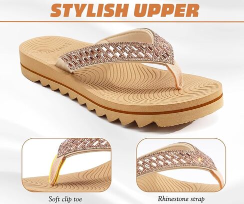 KuaiLu Womens Orthotic Flip Flops with Arch Support Yoga Mat Cushion Fashion Rhinestone Sandals Summer Walking Beach Travel Thong Slides Comfy Plantar Fasciitis Outdoor Sandle White Khaki Size 8 in Saudi Arabia