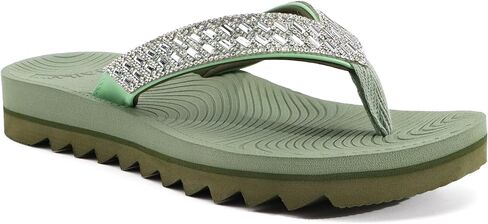 KuaiLu Womens Orthotic Flip Flops with Arch Support Yoga Mat Cushion Fashion Rhinestone Sandals Summer Walking Beach Travel Thong Slides Comfy Plantar Fasciitis Outdoor Sandle White Khaki Size 8 in Saudi Arabia