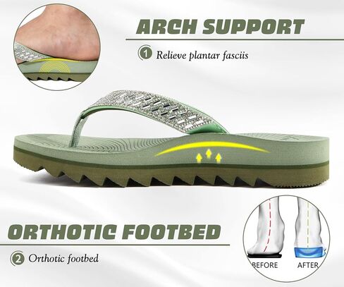KuaiLu Womens Orthotic Flip Flops with Arch Support Yoga Mat Cushion Fashion Rhinestone Sandals Summer Walking Beach Travel Thong Slides Comfy Plantar Fasciitis Outdoor Sandle White Khaki Size 8 in Saudi Arabia