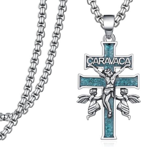 Caravaca Cross Necklace S925 Sterling Silver Turquoise Caravaca Cross Pendant Necklace for Men Christian Jewelry Gifts for Men Women in Saudi Arabia
