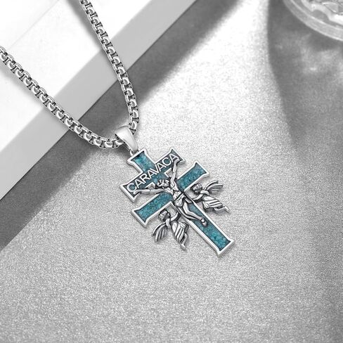 Caravaca Cross Necklace S925 Sterling Silver Turquoise Caravaca Cross Pendant Necklace for Men Christian Jewelry Gifts for Men Women in Saudi Arabia